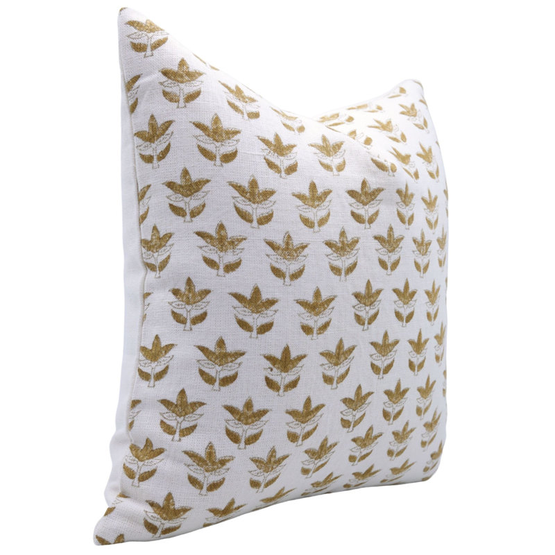 Housse de coussin bohème imprimé à la main boho home decor, Carré, H 22 po x l 22 po, Or / blanc floral 3