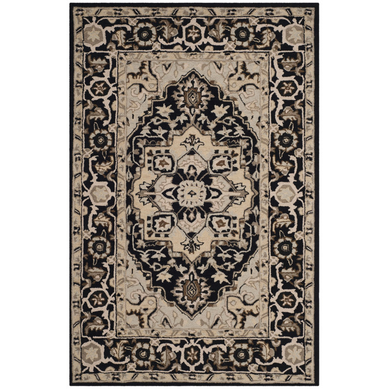 Tapis noir / naturel en laine crocheté à la main Tala, Rectangle 3 pi 9 po x 5 pi 9 po