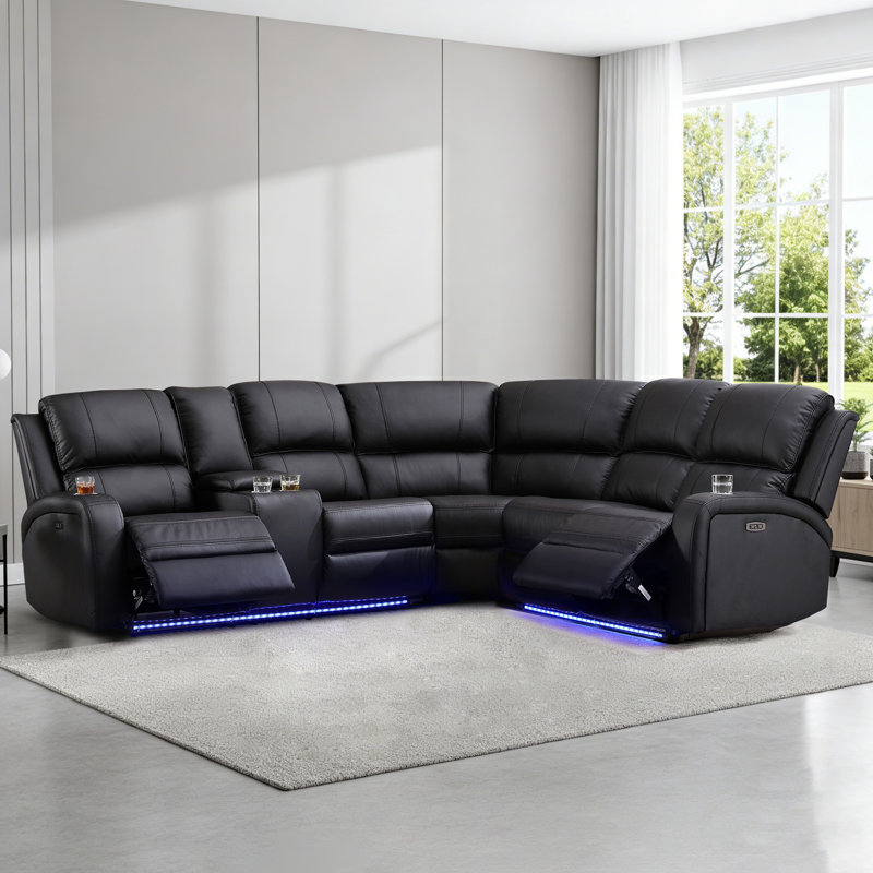 Vardie 3-Piece Breathable Leather Power Reclining Sectional, Home Theater Couch with Storage, Cup Holder & LED