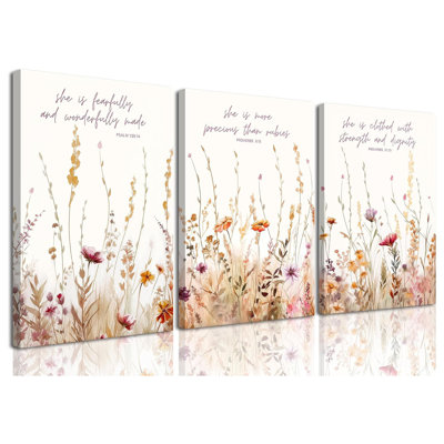 3Pcs Christian Nursery Canvas Wall Art Bible Verse Floral Pictures Wall Decor Boho Wildflower Nursery Posters Vintage Flower Scripture Painting Prints Artwork For Girls Room Living Room Bedroom