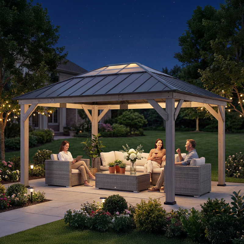 Pavillon de jardin d'extérieur en bois de cèdre 13 pi x 15 pi Sunjoy, Noir, Noir
