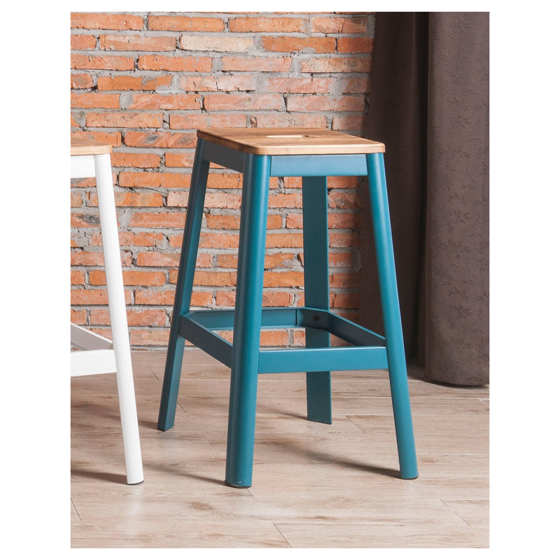 Tabouret de bar décontracté bleu sarcelle avec assise carrée en bois et structure en métal