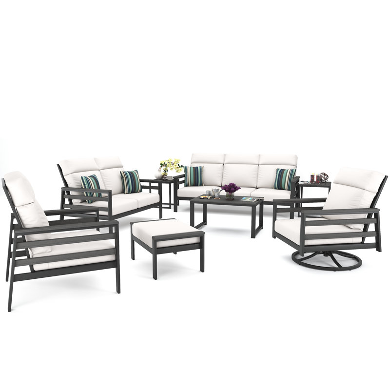 Ortez 7 Person Seating Group With Sunbrella Cushions, Canvas White, Dark Gray/White