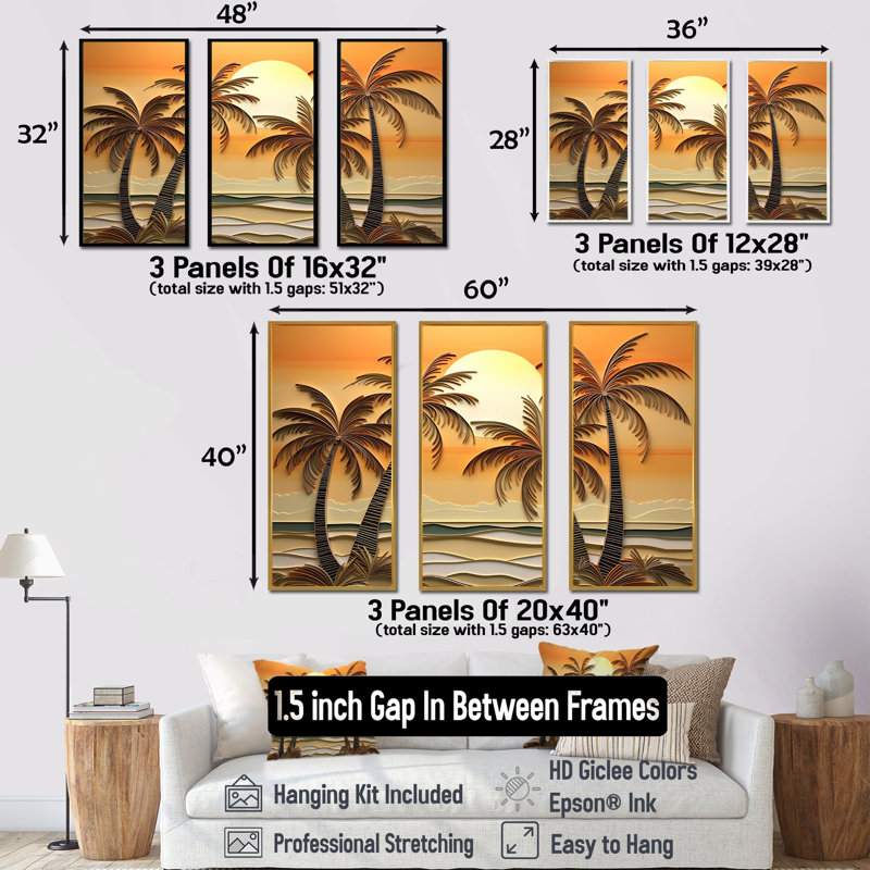 Golden Sunrise Palm Trees II - palmiers et palmiers, ensemble d'art mural sur toile, Cadre flottant doré