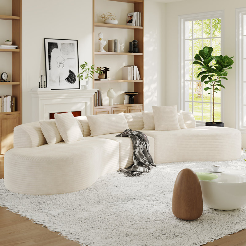 Canapé modulaire courbé 3 pièces de l 122 po avec sièges profonds et canapé en velours côtelé, Velours côtelé beige