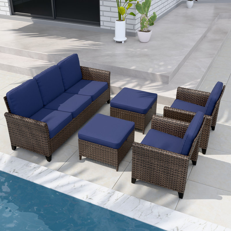 5-Piece Spacious Seating Group Patio Multi-brown Wicker Rattan Sofa Set with Cushions, Blue