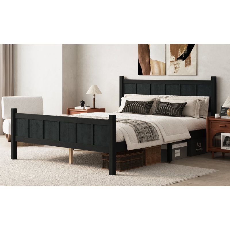 Grand lit plateforme moderne minimaliste, finition grain de bois noir, style tête de lit et pied de lit style Shaker et maison de campagne