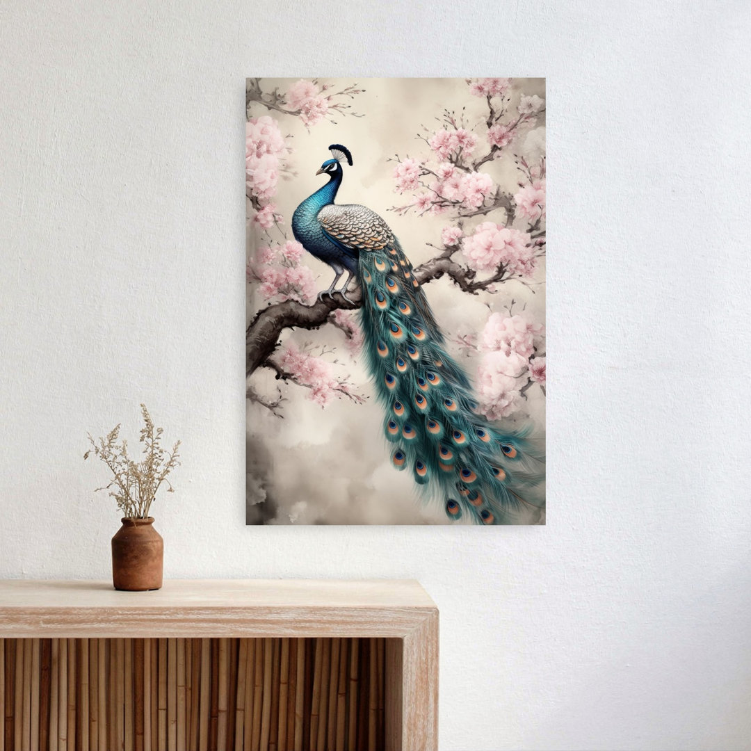 Peacock On Blossom Branch Elegant Abstract Contemporary Bird Cherry Nature Spring Wall Art Print