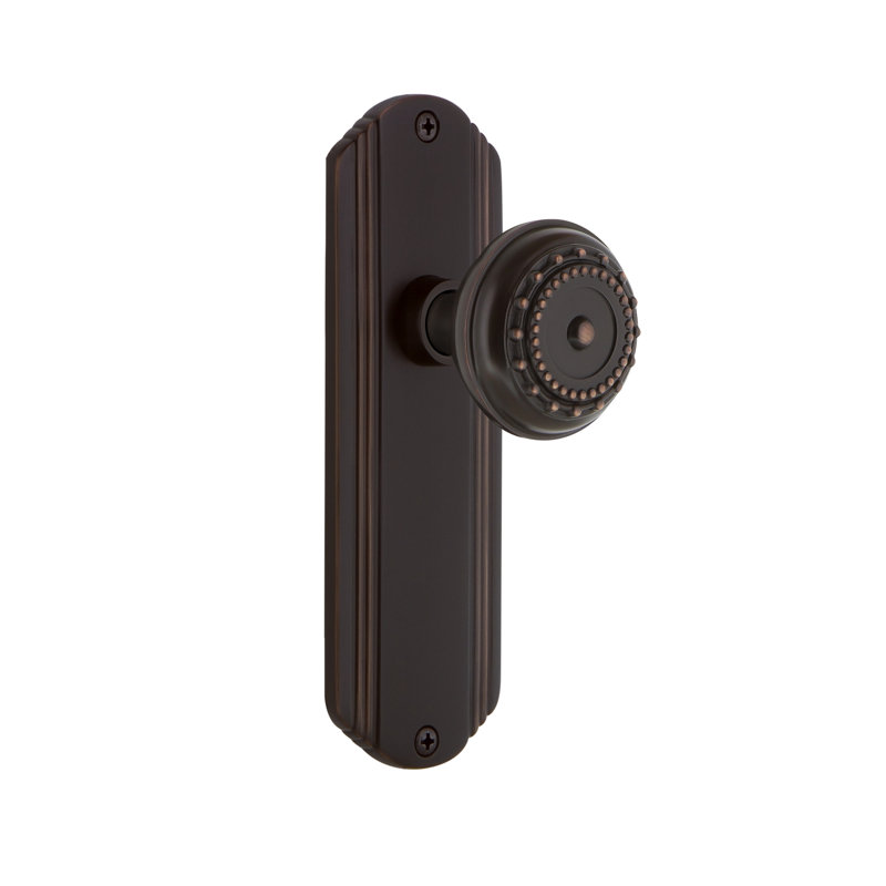 Meadows Interior Mortise Door Knob with Deco Long Plate, Timeless Bronze, 2 1/4