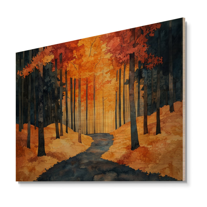 Golden Hour in Forest Pathway - Art mural en bois naturel, H 30 po x l 40 po, Rectangle