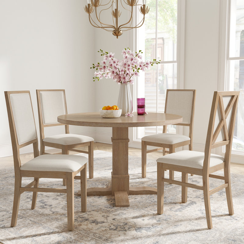 Heymann Round Solid + Manufactured Wood Dining Set with Upholstered X-Back Chairs (Set of 5) 