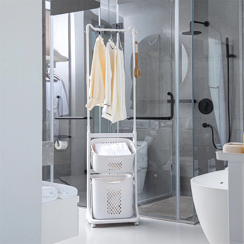 2-Tier Laundry Hamper Sorter With Hanging Bar