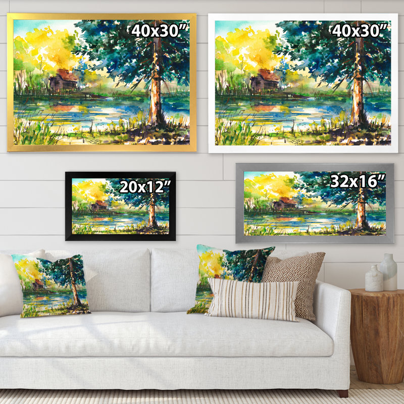 Paysage avec arbre bleu au bord de l'eau - Peinture sur toile, H 24 po x l 32 po, Cadre doré