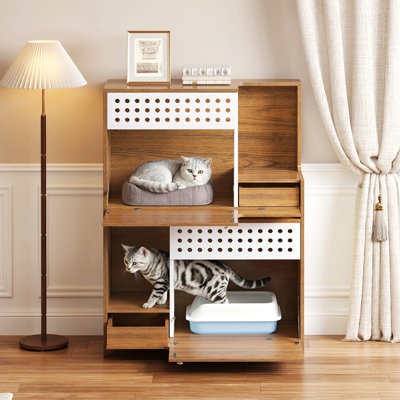 Meuble moderne 2 en 1 pour chat, table d'appoint pour litière pour chat, maison pour chat avec rangement, pour 2 petits et moyens chats - Brun