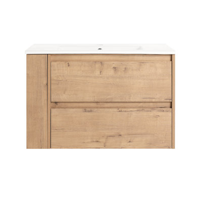 Meuble-lavabo moderne en céramique avec 2 tiroirs, élégant, imitation chêne