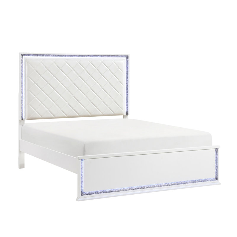 Très grand lit de style contemporain en similicuir blanc et configuration de contrôleur à DEL 8 couleurs avec design, tête de lit