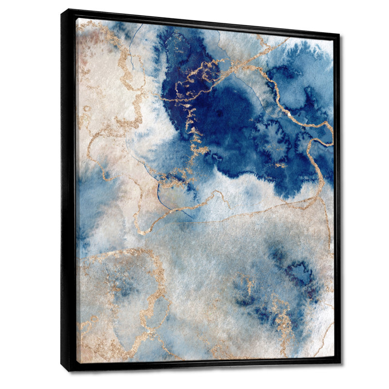 «Blue and Gold Marble Clouds III», art mural abstrait sur toile, H 44 po x l 34 po, Reproduction avec cadre flottant, Noir