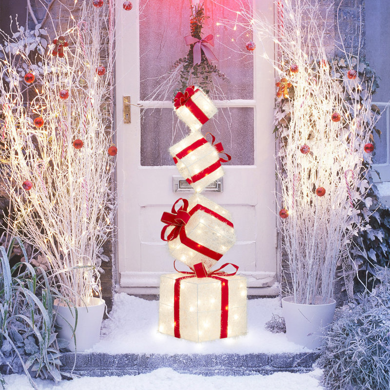 Red & White Gift Box Set With Warm White Lights Christmas Decoration
