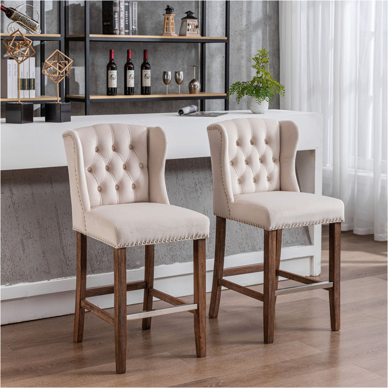 Emily-May Upholstered 27" Seat Height Barstools, Wingback Breakfast Chairs with Nailhead-Trim & Tufted Back, Beige