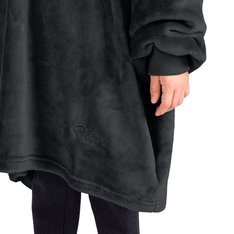 Bare Homey Wearable Blanket Microplush Side Pockets, Youth, Black