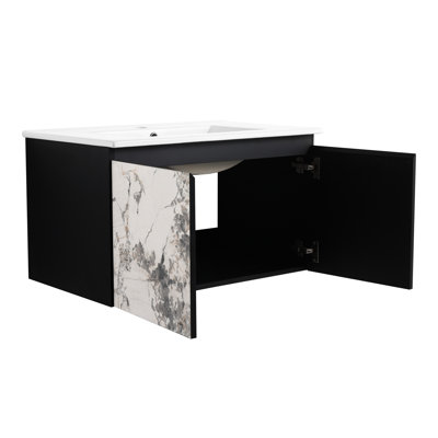 Floating Bathroom Vanity With Ceramics Sink - Black, Modern, Stable Plywood Material