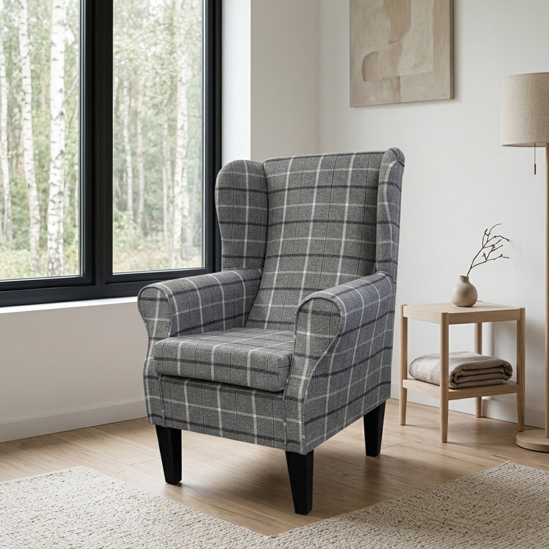 Grey Tartan Wingback Armchair