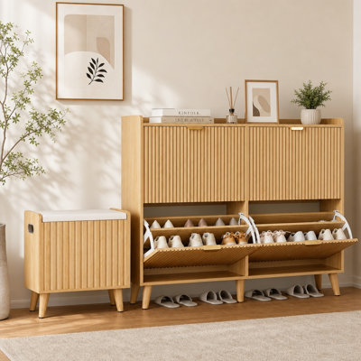 Narrow Fluted Shoe Cabinet with Flip Drawers & Entryway Bench