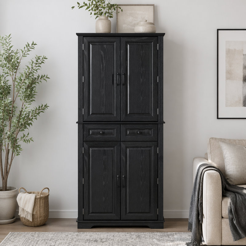 Armoire de cuisine de 71 po de hauteur avec 3 organisateurs d'armoire coulissants, armoire de rangement à texture en relief Farmhouse avec 6 tablettes de porte, 2 tiroirs, armoire de cuisine autoportante