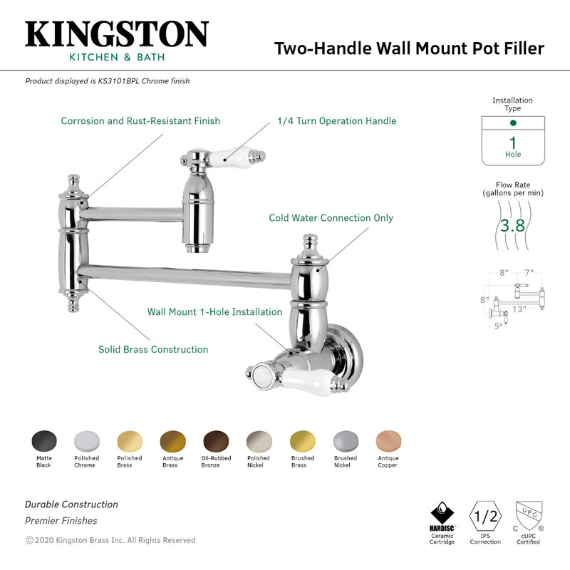 Kingston Brass Bel-Air Two-Handle 1-Hole Wall Mount Pot Filler Faucet, Polished Chrome