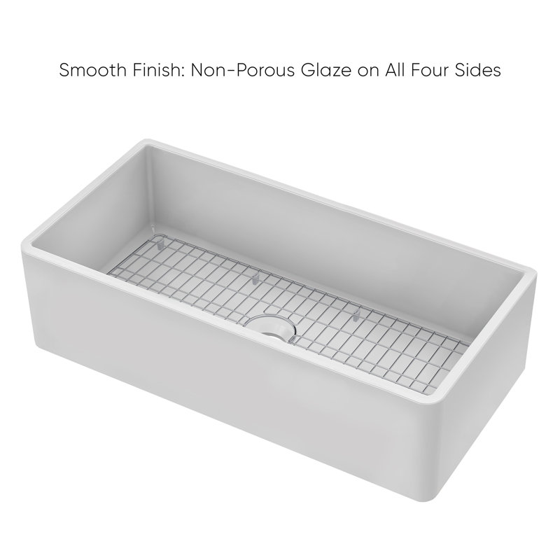 Whitehaus Collection Reversible Fireclay Kitchen Sink with Grid: Three Edge Frame, Plain Front Apron, 10" H x 36" L x 18" W