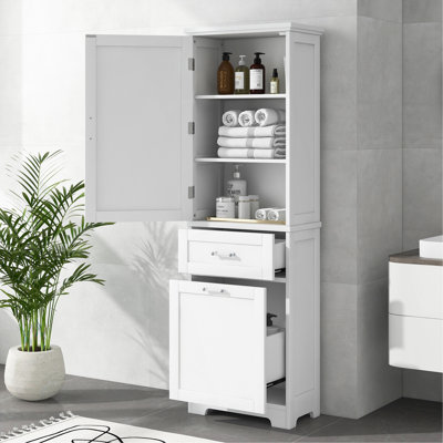 Grande armoire de rangement pour salle de bain, armoire de rangement autoportante avec deux tiroirs de tailles différentes et tablette réglable, panneau de fibres à densité moyenne avec finition peinte