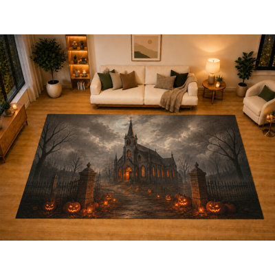 Tapis de citrouille de style citrouille de style gothique de 6 pi 7 po x 9 pi 10 po «Ultra Léger» pour la chambre du salon, envers antidérapant doux à poils courts, décor d'Halloween noir orange