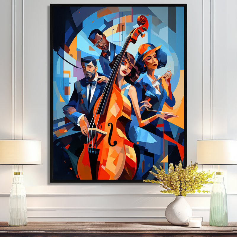 Jazz Quartet, contrebasse, sorte de bleu - Musicien, art mural, salon, Toile avec cadre flottant noir