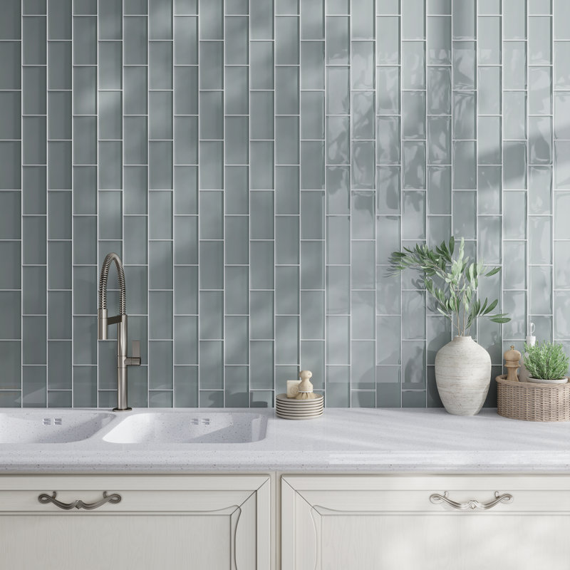 3"X 6" Polished Glass Subway Tile, Blue