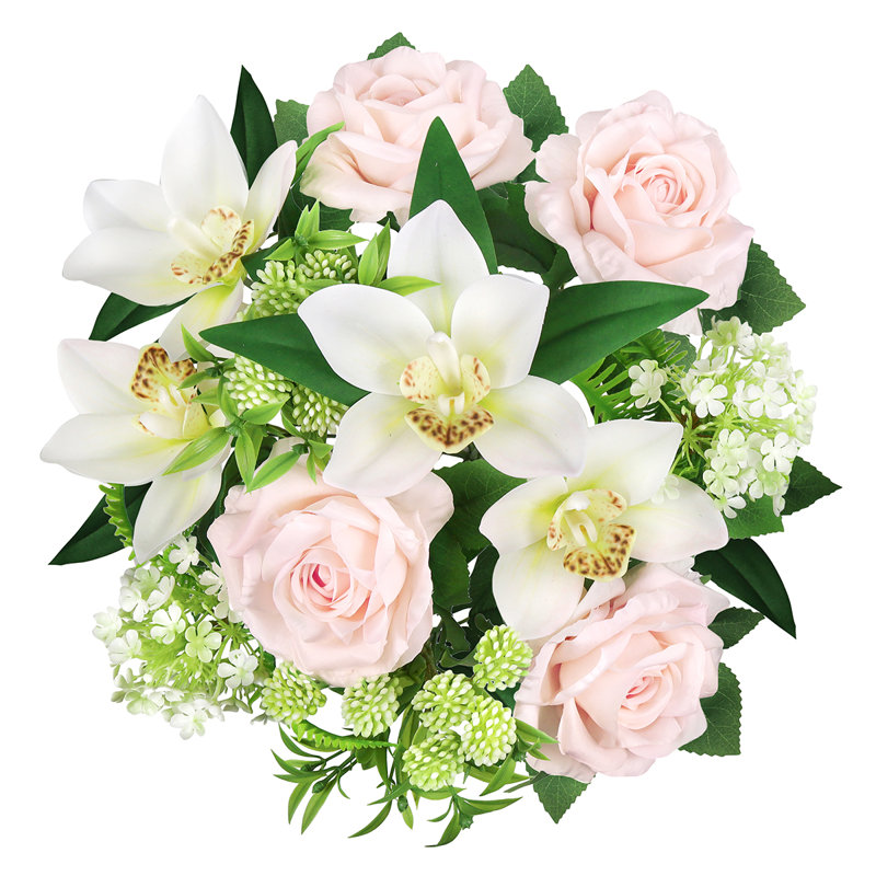 Artificial Mixed Rose Orchid Snowball Arrangement, Cream Blush