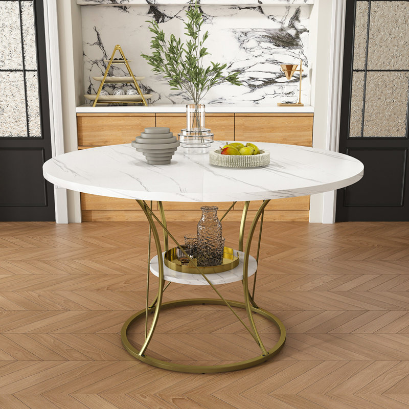 Table de salle à manger ronde extensible pour 4 à 6 personnes, de style campagnard avec tablette de rangement, base en métal doré et placage de marbre, qui s'étend de 43 à 59 pouces