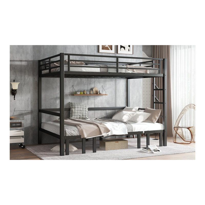 Grand lit superposé escamotable en métal, le lit inférieur peut être retiré en trois sections, le lit supérieur est équipé de rails de sécurité, noir.