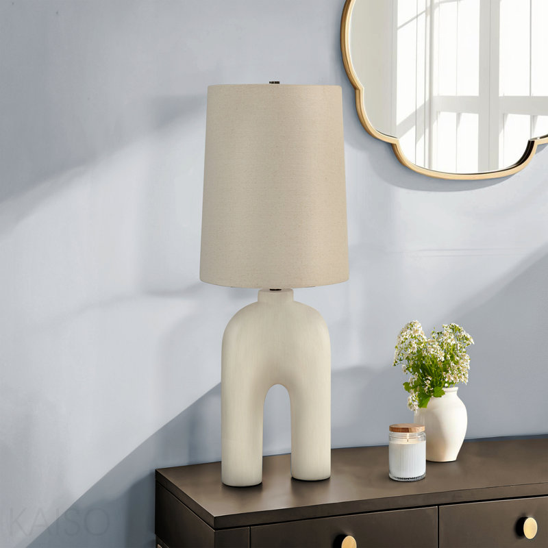 Lighting, H 25 po, lampe de table, résine crème, abat-jour beige, moderne