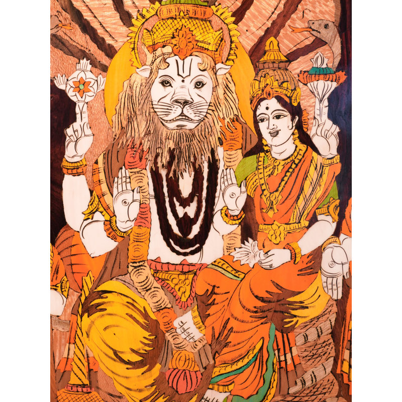 36" Lord Narasimha & Lakshmi Mysore 3D Wood Inlay Wall Panel - Handcrafted Hindu God Art for Protection & Prosperity
