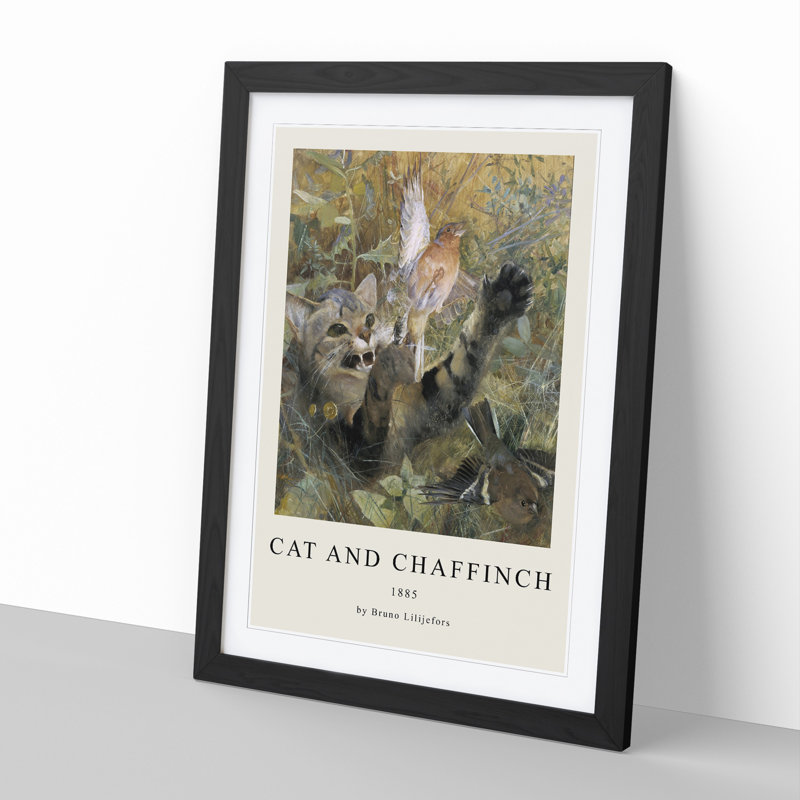 A Cat and a Chaffinch Bird by Bruno Liljefors - Picture Frame Painting, 48cm H x 36cm W x 2cm D, Black Framed