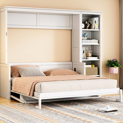 Grand lit blanc avec bureau et tablettes de rangement pour livres, bois de pin de qualité, rangement pour la vie en chalet avec rangement, espaces Loft Solution