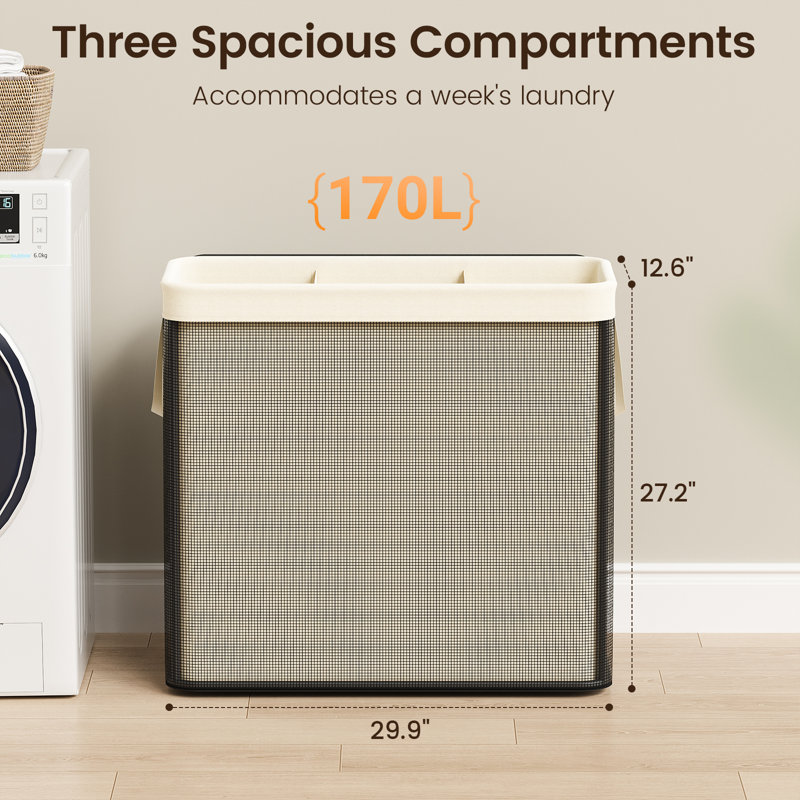 Panier à linge 3 compartiments de 170 L avec couvercle, 3 sections