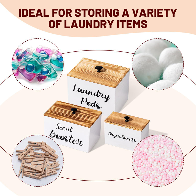 3 Pcs Dryer Sheet Holder Laundry Pod Holder Scent Booster Container Set With Scoop Rustic Wood Dryer Sheet Container Laundry Pods Container (White)