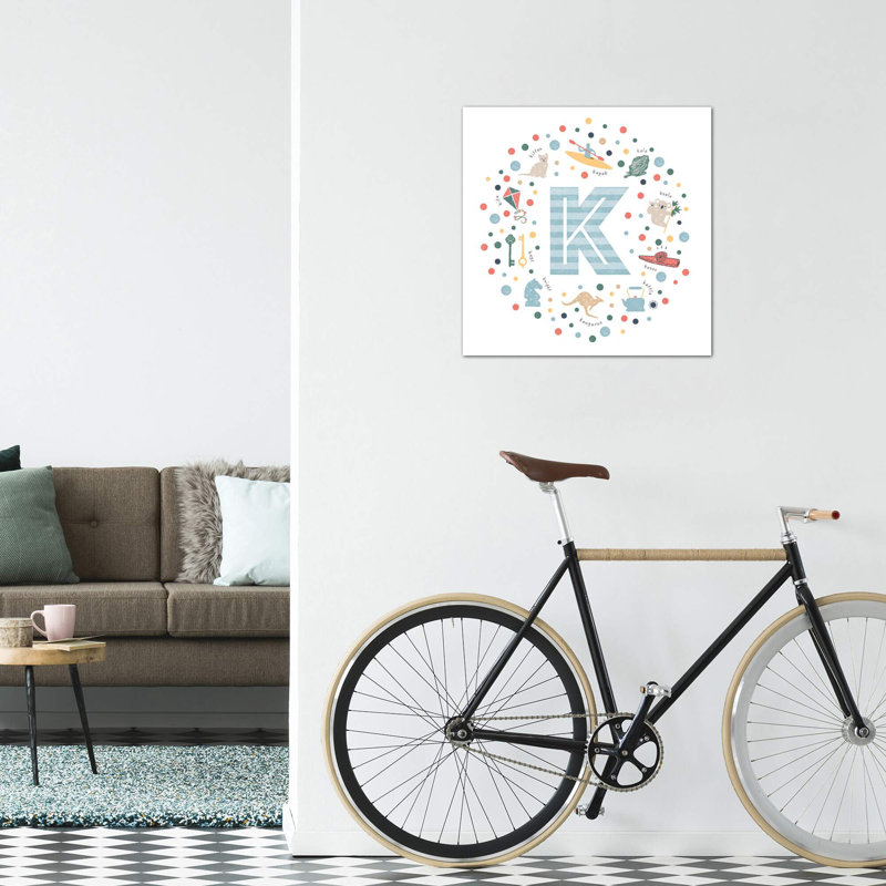 Lettre K illustrée, impression bleue, Toile tendue, Pas de tapis, H 26 po x l 26 po x P 1,5 po