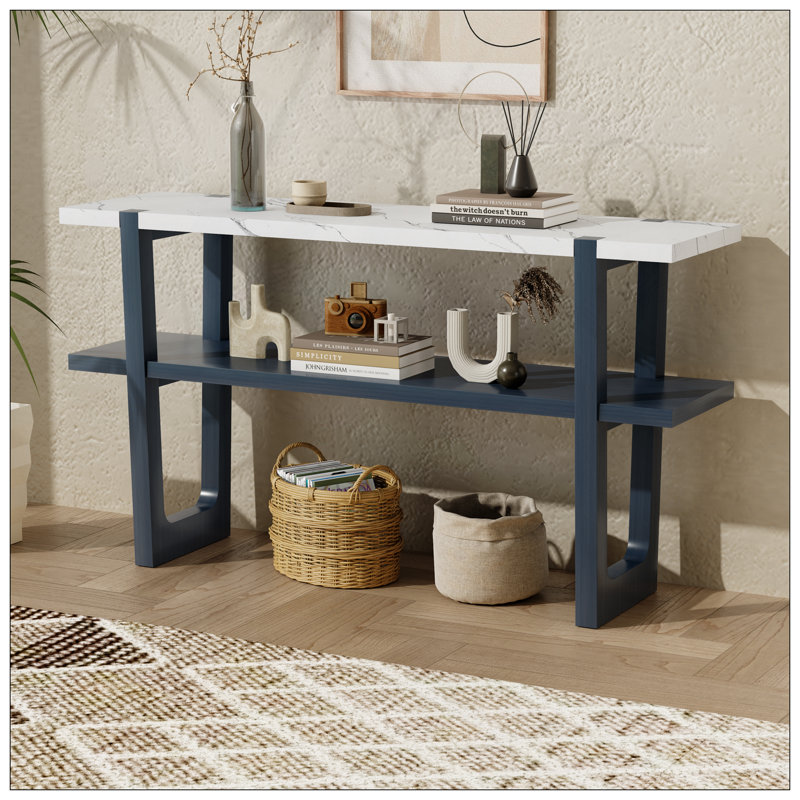 Élégante console étroite avec plateau en marbre et rangement polyvalent, parfaite pour le couloir et le vestibule, Marine