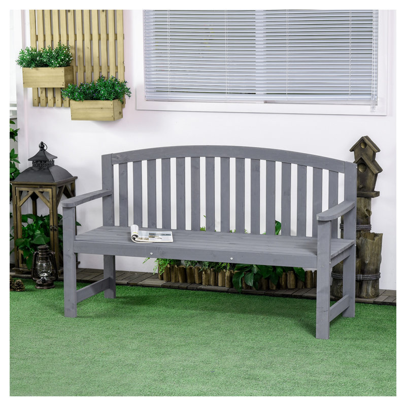 Banc de jardin extérieur Outsunny 142 cm en bois avec dossier et accoudoirs, 2 places, gris, idéal pour terrasse, piscine et balcon.