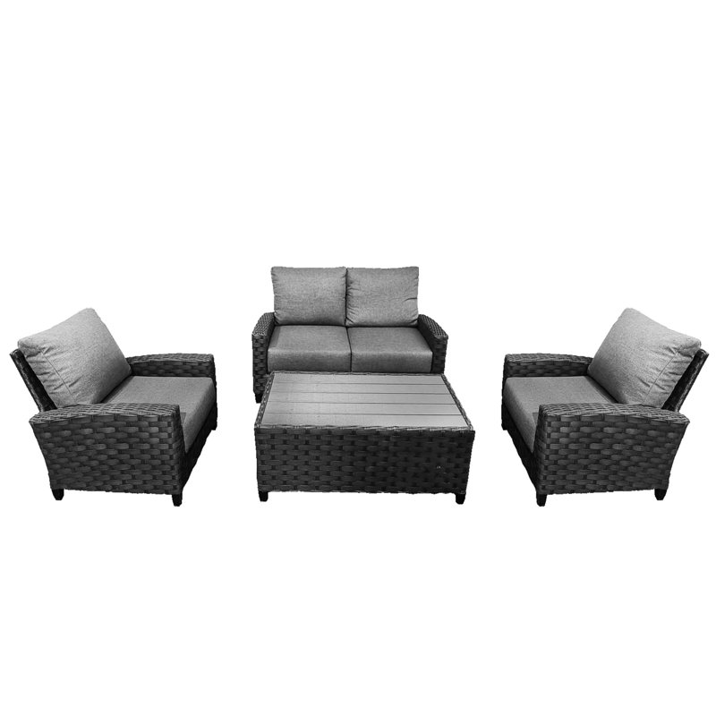 Ensemble de causeuse d'extérieur en rotin avec coussins en oléfine et table basse 4 pièces Belize
