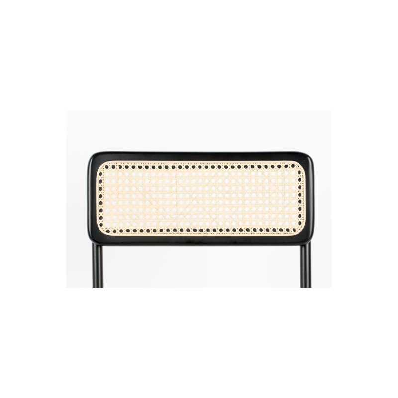 Bauhaus Inspired Black Steel and Wood Counter Stool with Rattan Seat