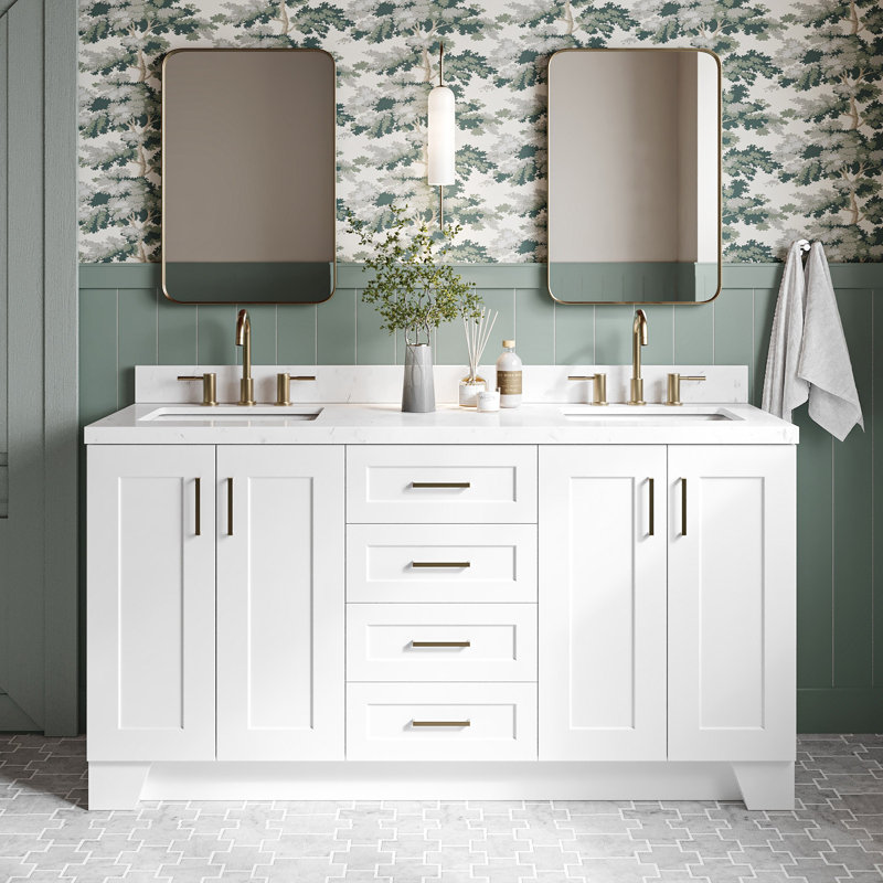 Freitas 66'' Solid Wood Double Bathroom Vanity in White with 1.5'' Carrara White Quartz Top, Center, Rectangle Sink, White