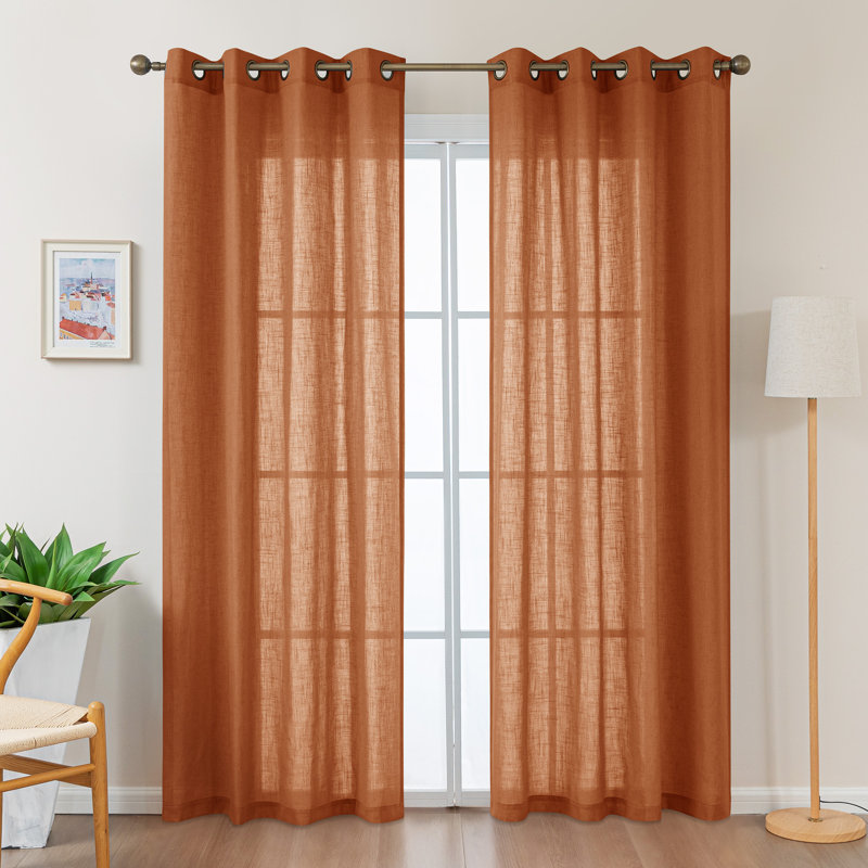 Vollmar Linen Blended Grommet Semi-Sheer Curtain Pair, 52" W x 96" L, Terracotta